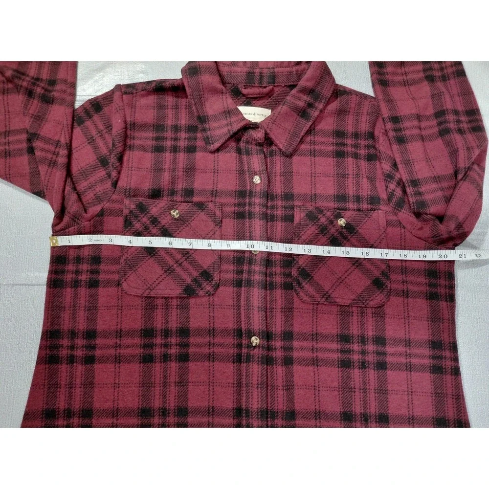 Thread & Supply Fleece Button Down Shirt Dress LG Long Coat Burgundy Plaid